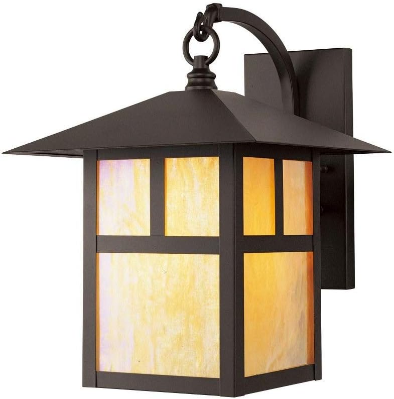 2133-07 Montclair Mission 1 Light Outdoor Bronze Finish Solid Brass Wall Lantern with Iridescent Tiffany Glass, 13.75