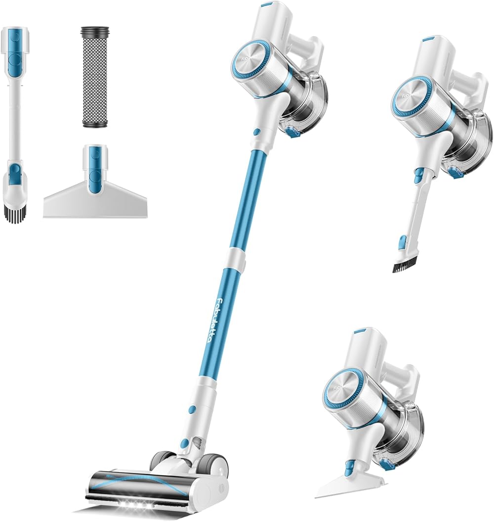 FABULETTA 40Kpa Cordless Vacuum Cleaner for Home,Stick Vacuum with 55Min Detachable Battery,8 in 1 Lightweight Vacuum with Brushless Motor,Great for Hardwood Floors & Carpet Pet Hair Car（White-Blue）