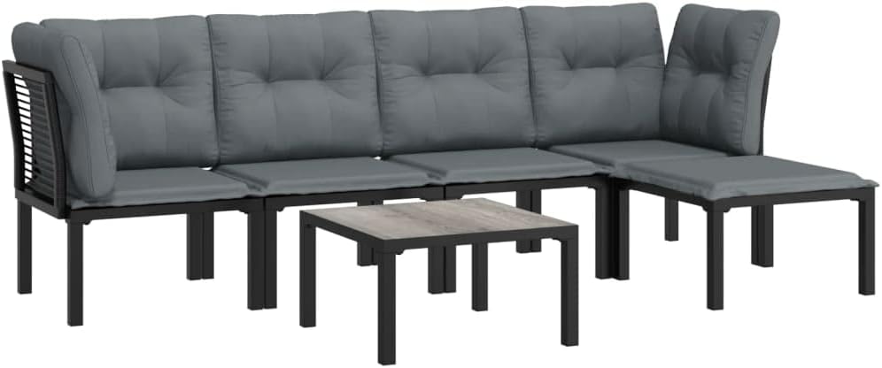 vidaXL Patio Lounge Set 6 Piece, Outdoor Patio Furniture with Coffee Table, Conversation Set with Footstool, Modern Style, Black and Gray Poly Rattan