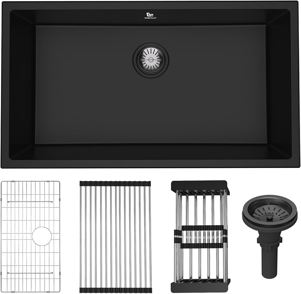 32-inch Granite Composite Kitchen Sink, GABETLET Undermount Quartz Kitchen Sink with Spacious Workspace and Easy Cleaning, Black Single Bowl Deep Kitchen Sink with Complete Accessories