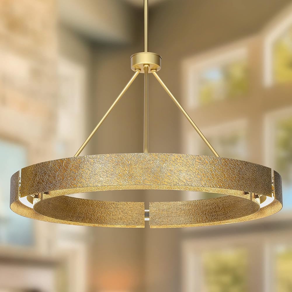 Farmhouse Wagon Wheel Chandelier, Dimmable Rustic Gold Round Chandelier, Large Luxury LED Light Fixture for High Ceiling Dinning Room Living Room Stairwell Foyer Bedroom Kitchen