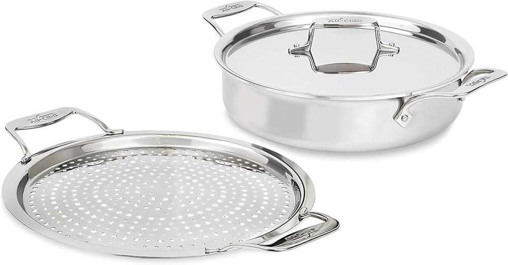 All-Clad D5 5-Ply Brushed Stainless Steel Sauteuse with lid and Strain & Splatter Guard, 4-Quart, Induction, Oven & broiler safe up to 600°F, Cookware, Kitchen Essential, Pots and Pans, Silver