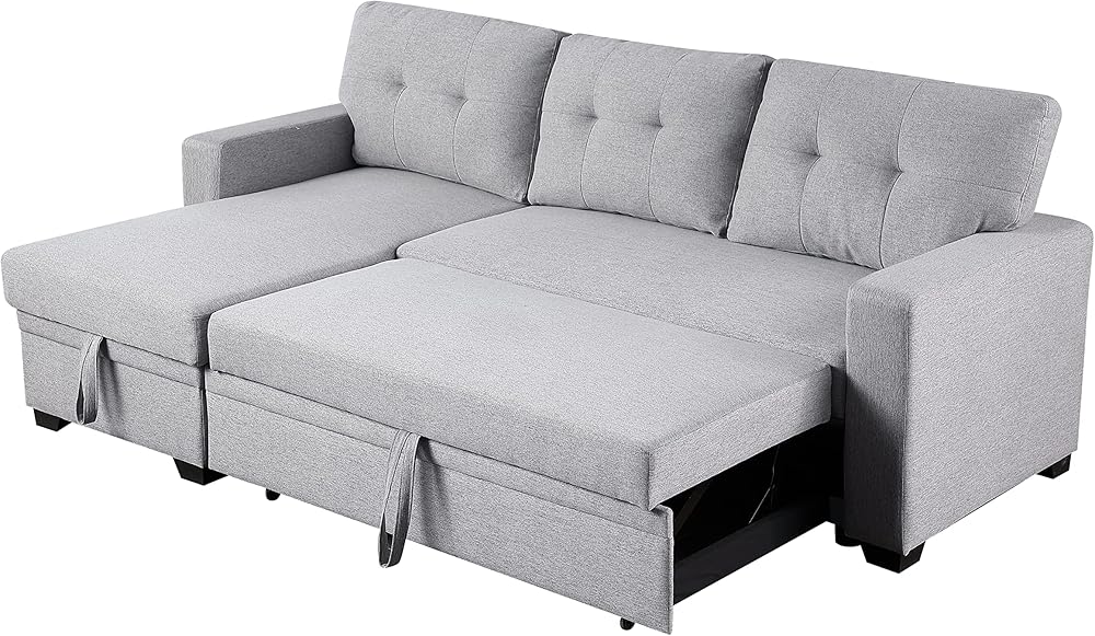 L Shaped Convertible Sleeper Sectional Sofa with Storage Chaise and Pull-Out Bed, Linen Upholstered Reversible Corner Couch w/Detachable Backrest for Living Room, Apartment, 3 Seater Home Furniture