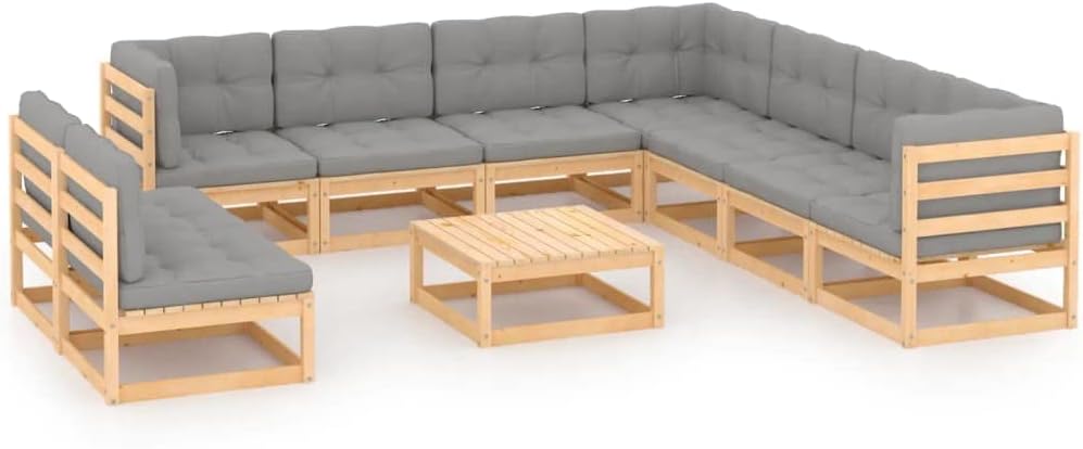 vidaXL Patio Furniture Set 10 Piece, Garden Sofa Set with Cushions, Outdoor Sectional Sofa Conversation Set with Coffee Table, Solid Wood Pine
