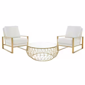 Jefferson Modern 3-Piece Living Room Set with 2-Leather Arm Chair and Round Coffee Table with Gold Frame (White)
