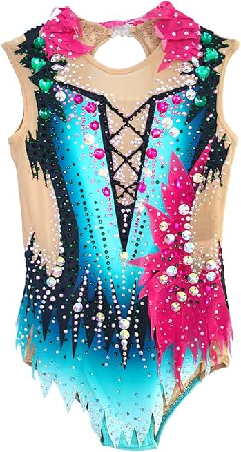 Girl's Blue Artistic Gymnastics Suit Sleeveless for Performance and Practice