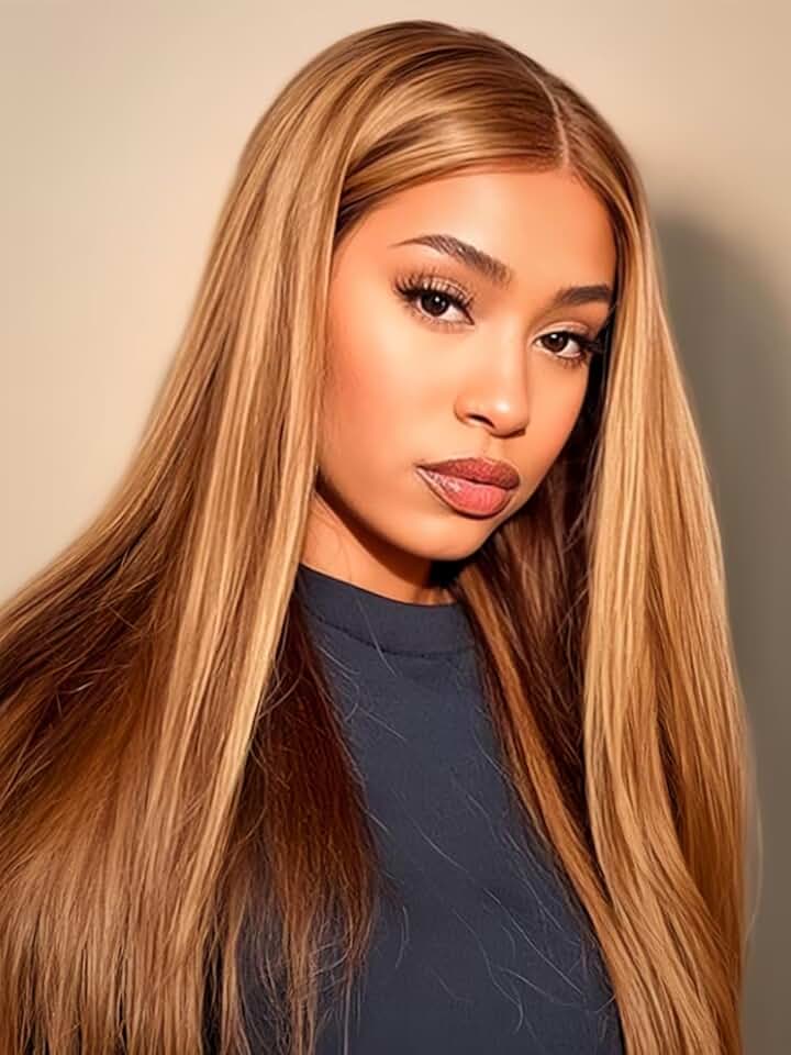 UNICE Bye Bye Knots 7x5 Pre Cut HD Lace Straight Wig Pre Bleached Invisible Knots Blonde Highlight Lace Front Wigs Human Hair Pre Everything Glueless Wig Pre Plucked 180% Density 24inch