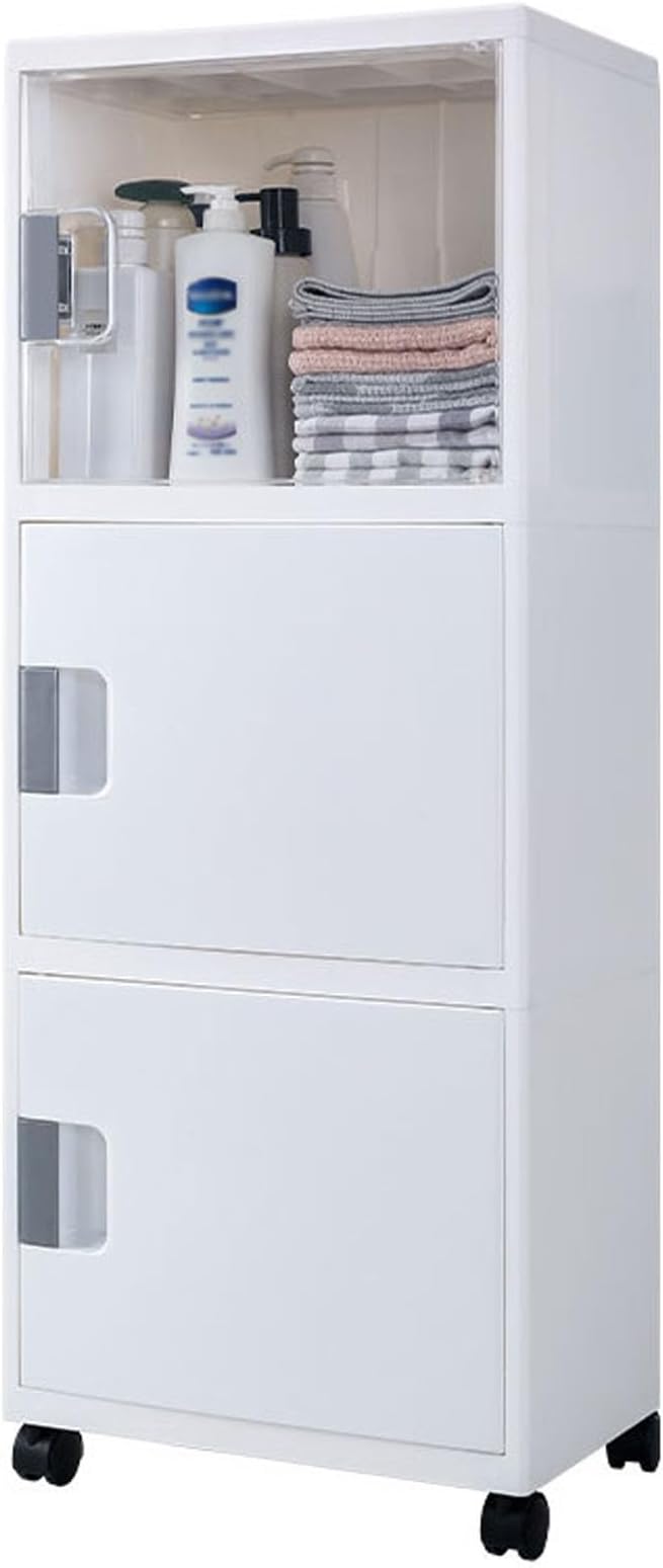 Glass Display Cabinet Shelf with Casters and Storage Drawers, Bathroom Storage Cabinets Floor Standing Bookshelf for Bedroom, Living Room, Kitchen, Pantry, Home Office