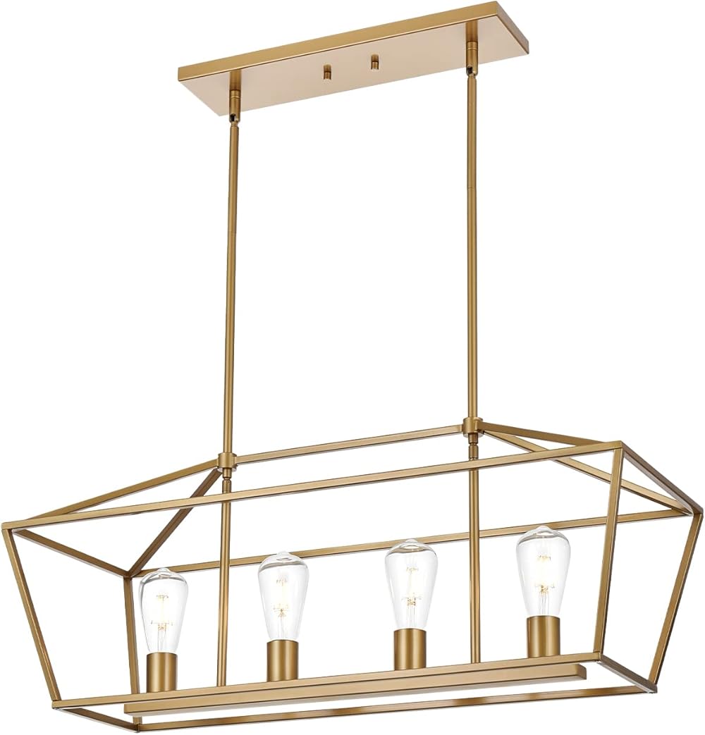 BONLICHT Modern 4 Light Farmhouse Chandelier Gold Linear Kitchen Island Pendant Light Traditional Rectangular Dining Room Lighting Fixture Hanging Metal Cage Pendant Lamp for Hallway Foyer