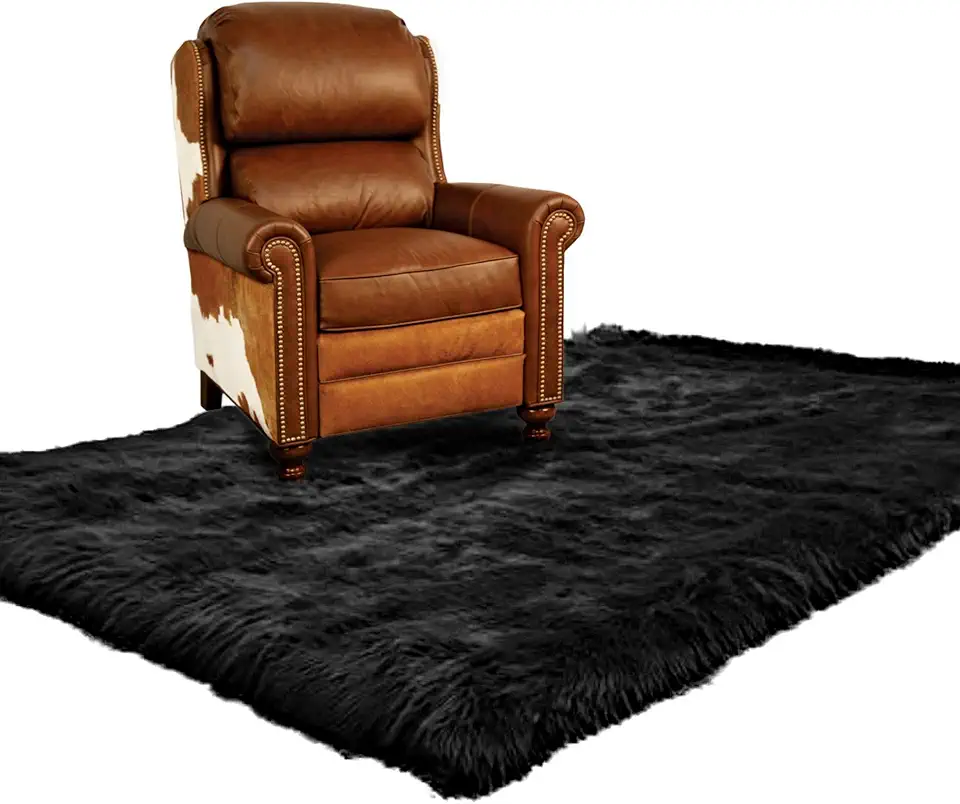 Fur Accents Faux Fur Shag Accent Rug, Faux Sheepskin Area Carpet, Plush Soft Black Rectangle, Soft Flexible Ultra Suede Lining, Living Room, Dining Room, Bedroom, Nursery, Hand Made in America