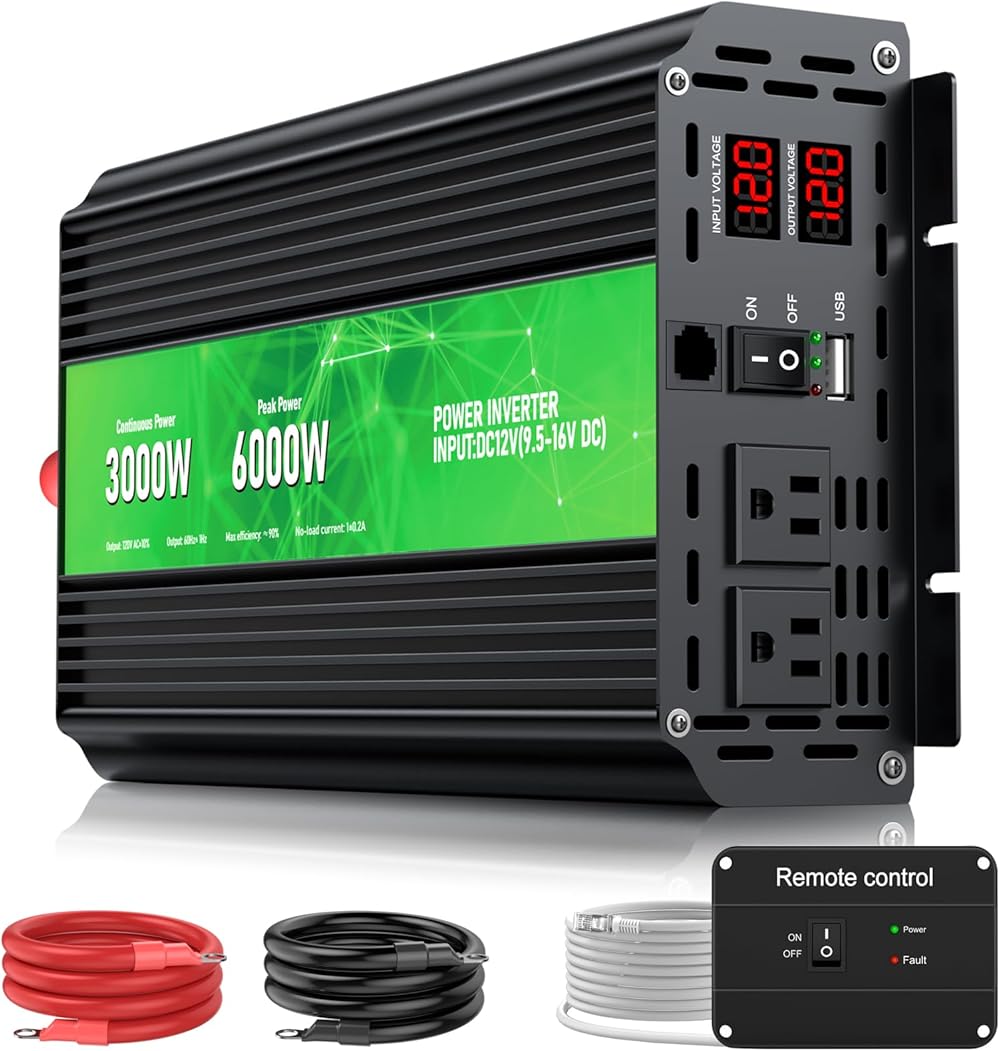 3000W Power Inverter,Peak Power 6000W 12V DC to AC 110V120V,Remote Control with 2AC Outlets and 2.4USB Port,LCD Display for Power Converter,Outdoor Activities,Emergency,Vehicles Truck RV Solar System