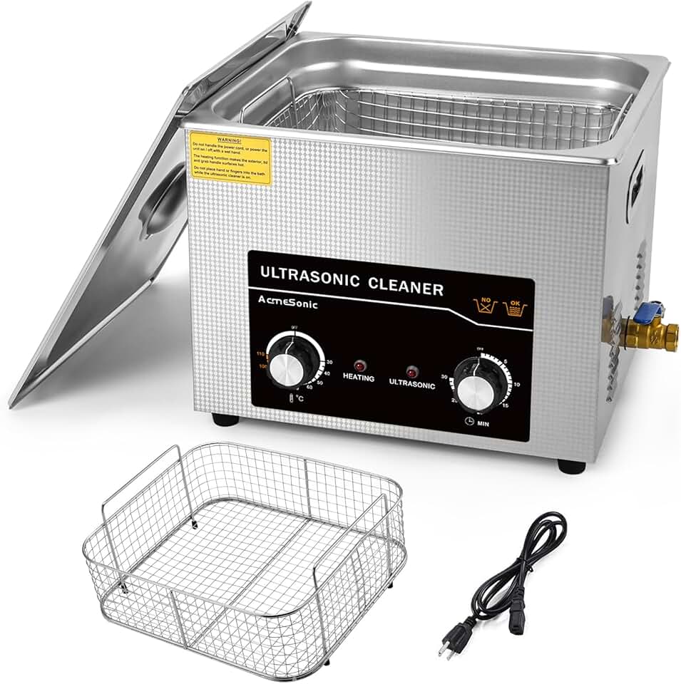 Commercial Ultrasonic Cleaner 15L with Knob, Heater Timer 6 Transducers 450W+360W 40kHz for Carburetor Bike Chain Brass Instrument Jewelry Denture Professional