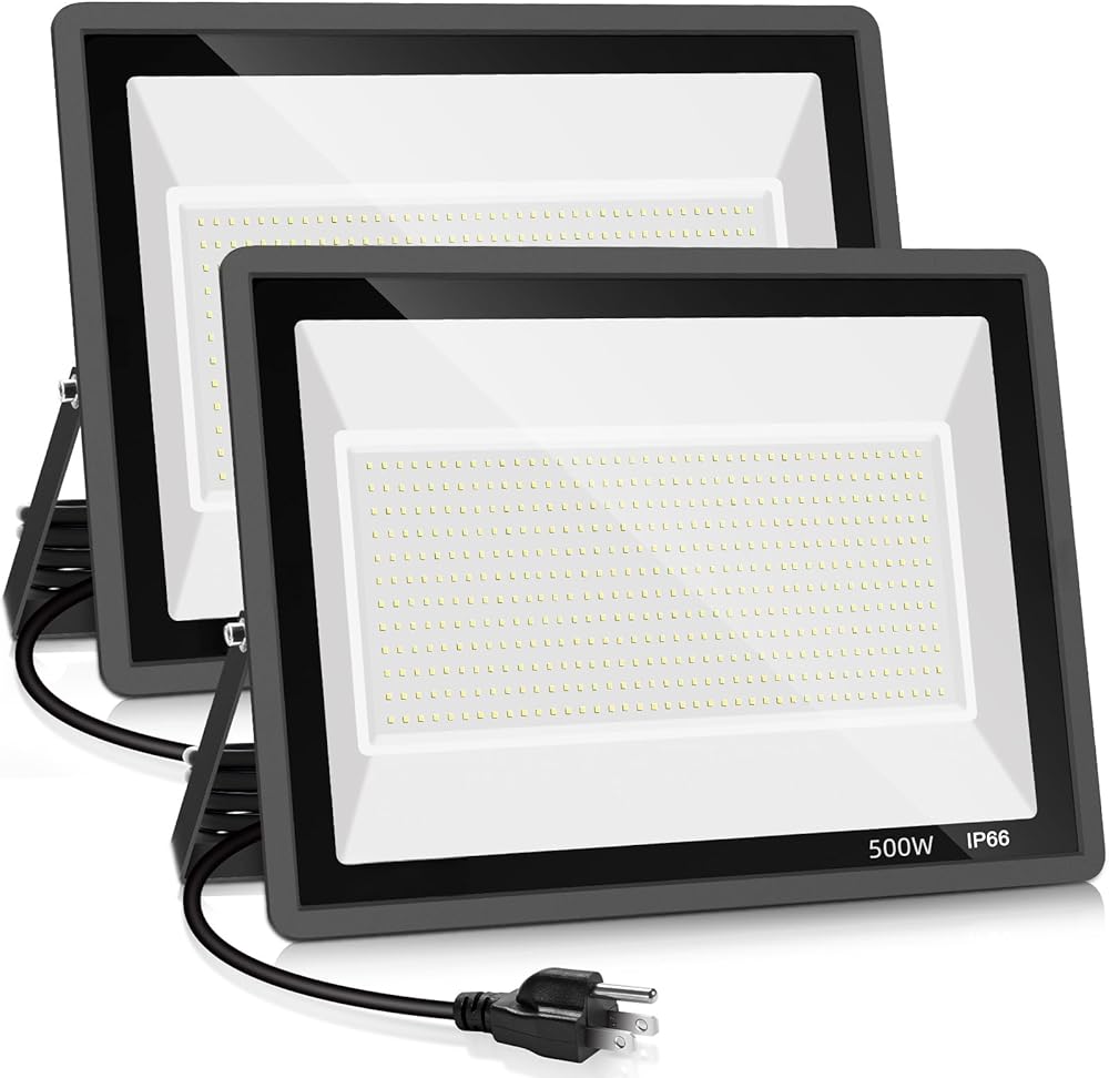 2 pack 500W LED Flood Light Outdoor,2750W Equivalent Super Bright FloodLight with Plug,58600LM 5000K Daylight White IP66 Waterproof Commercial Lighting for Sports Fields,Counts,Arena,Stadium