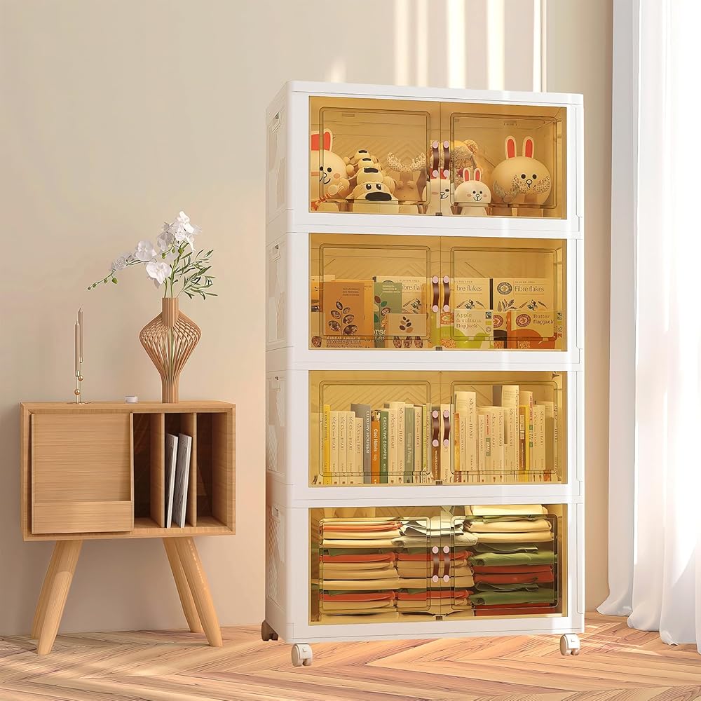 Plastic Storage Bins, 4-Layer Foldable Storage Boxes with Doors for Closet Organizer, 16 Gallon Collapsible Storage Bin with Lid and Wheels, Stackable Storage Drawer, Storage Cabinet Container