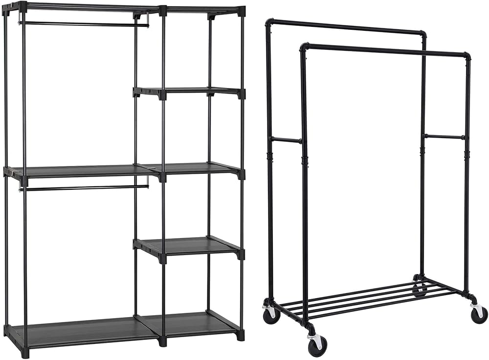 SONGMICS Portable Wardrobe and Heavy Duty Clothes Rack Bundle, Freestanding Closet Organizer, Industrial Pipe Clothing Rack, Clothes Storage Organizers, for Bedroom, Black URYG24BK and UHSR60B