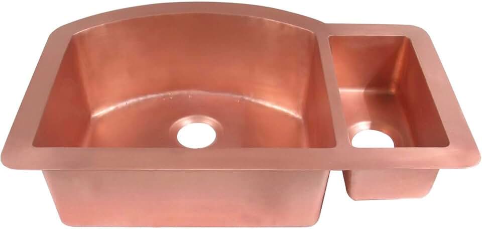 SINDA Handmade Solid 70/30 Double Bowl 14 Gauge Undermount Copper Kitchen Sink with one basket strainer and one disposal flange, Light Hammered-Natural Copper, KOUR-ULN412009