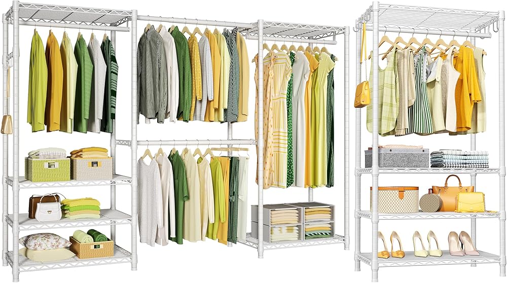 Ulif E1 and Portable Garment Rack Bundle White, Clothes Rack, and Closet Storage System with Shelves and Expandable Hanger Rods, Freestanding Clothing Rack