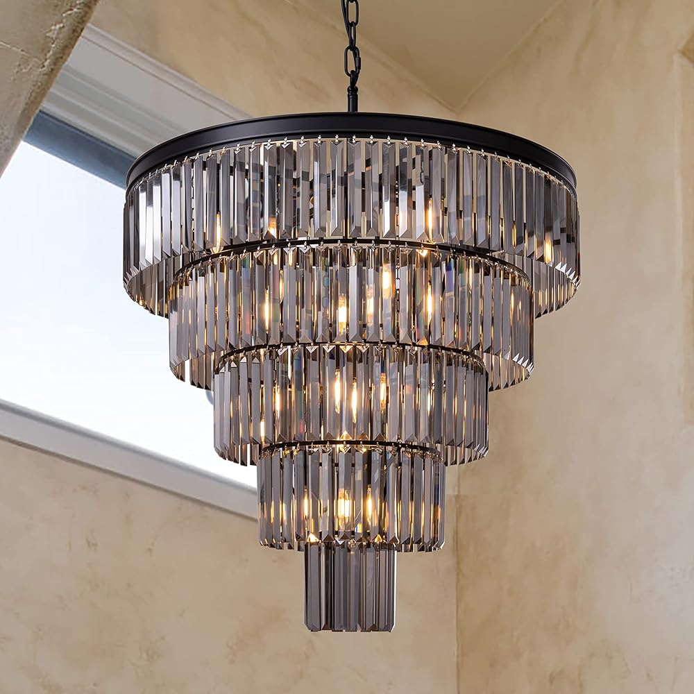 TOCHIC 10 Light Large Crystal Chandelier 31.5 inch, 5-Tier Contemporary Modern Black Smoke Grey Crystal Chandeliers, Raindrop K9 Round Ceiling Light for Staircase, Entryway Foyer