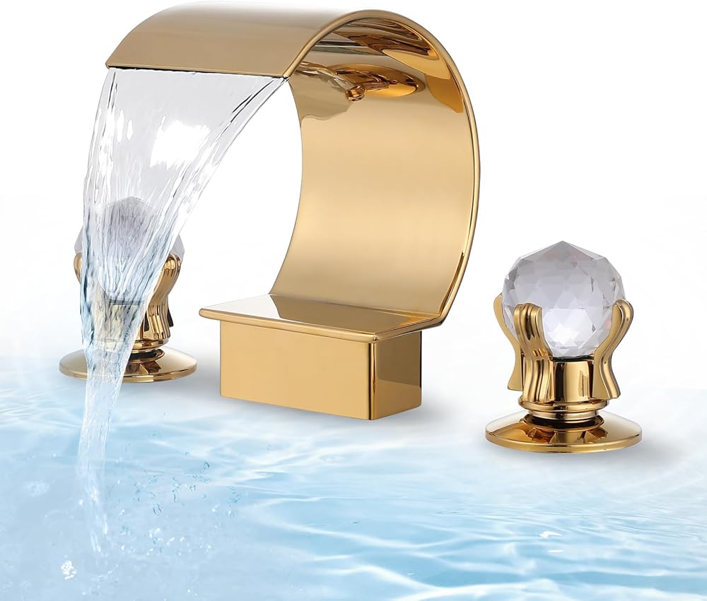 Gold Waterfall Bathroom Faucet 3 Hole Dual Crystal Handles Basin Mixer Tap Widespread 8-inch High Arc Bathroom Sink Faucet, Modern Vanity Waterfall Faucet with Supply Hose, Polished Gold