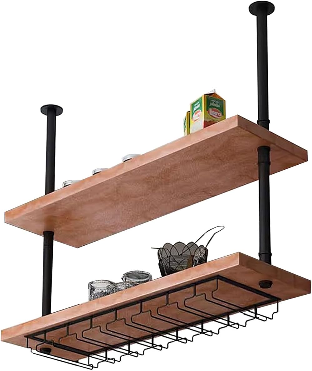 Kitchen Pot Rack - Ceiling Mounted | Hanging Shelf for Home Storage and Organization, 2 Tier Floating Shelves 60cm/80cm/100cm/120cm Wooden Wine Rack, Customizable (Size : 80x25x70cm)