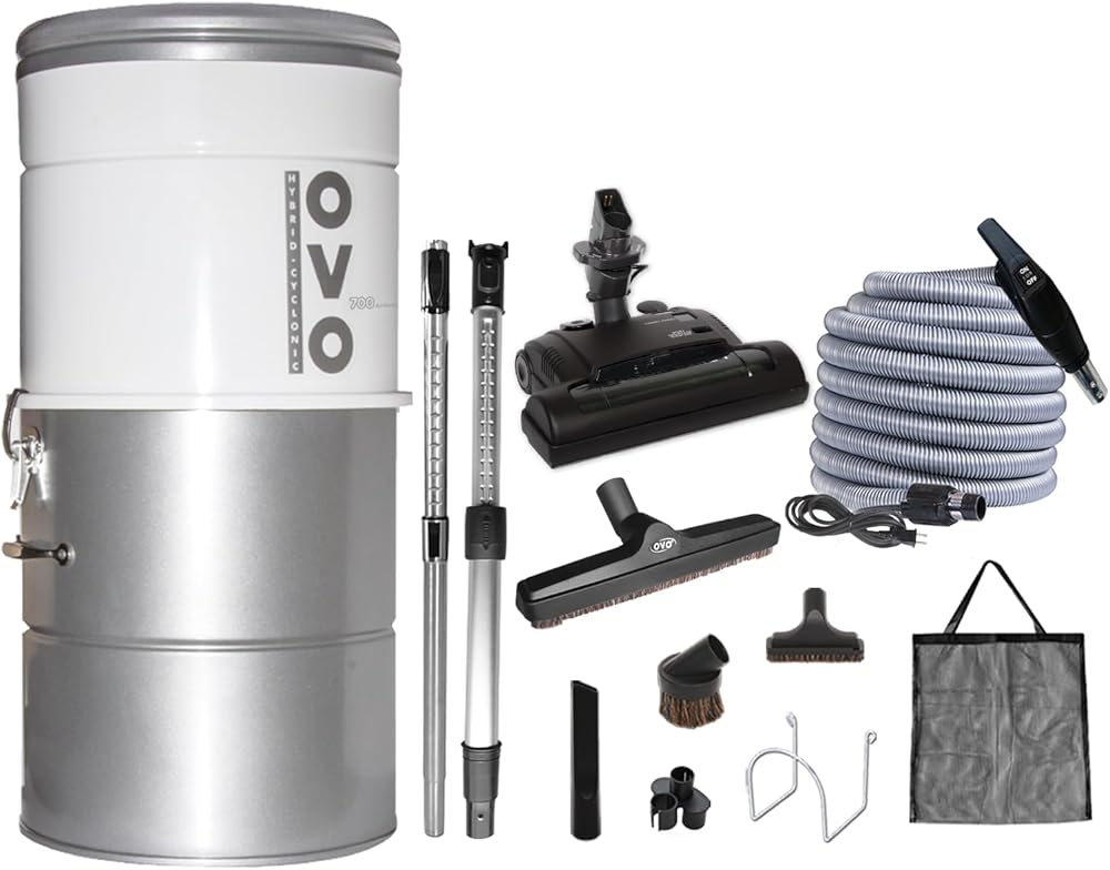 Ovo Unit Large and Powerful Central Vacuum System, Hybrid Filtration (with or without Disposable Bags) 25L or 6.6 Gal, 700 Airwatts with 40 ft Carpet Deluxe Accessory Kit Included, white