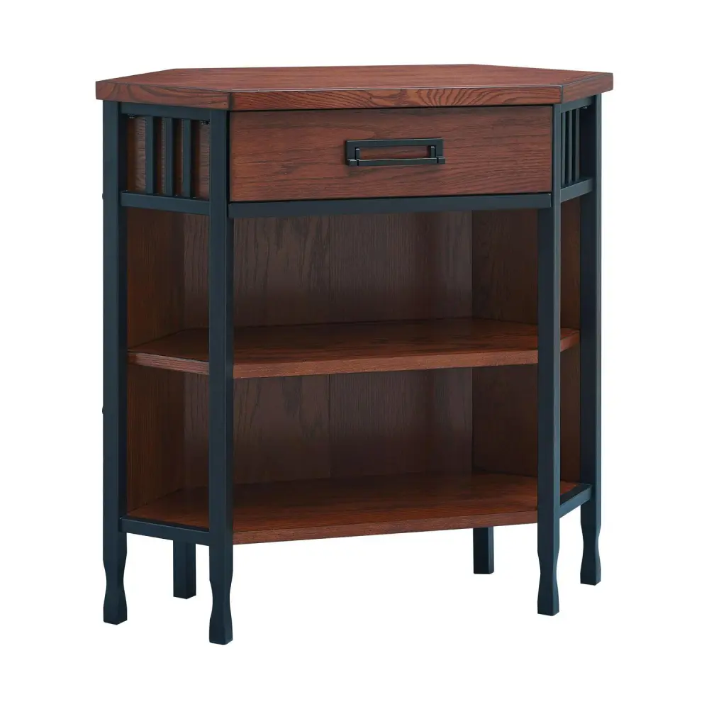 Leick Home 11264 Ironcraft Foyer Corner Rustic Bookcase with Drawer Storage, Mission Oak