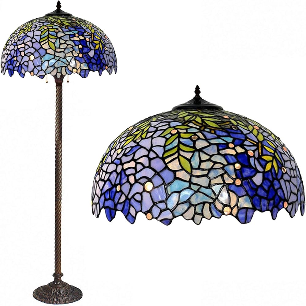MAGCOLOR Floor Lamp, Tiffany Style Stained Glass Purple Wisteria Hanging Lamp with Handmade Lampshade, Suitable for Decorating Room (Purple, 16in)