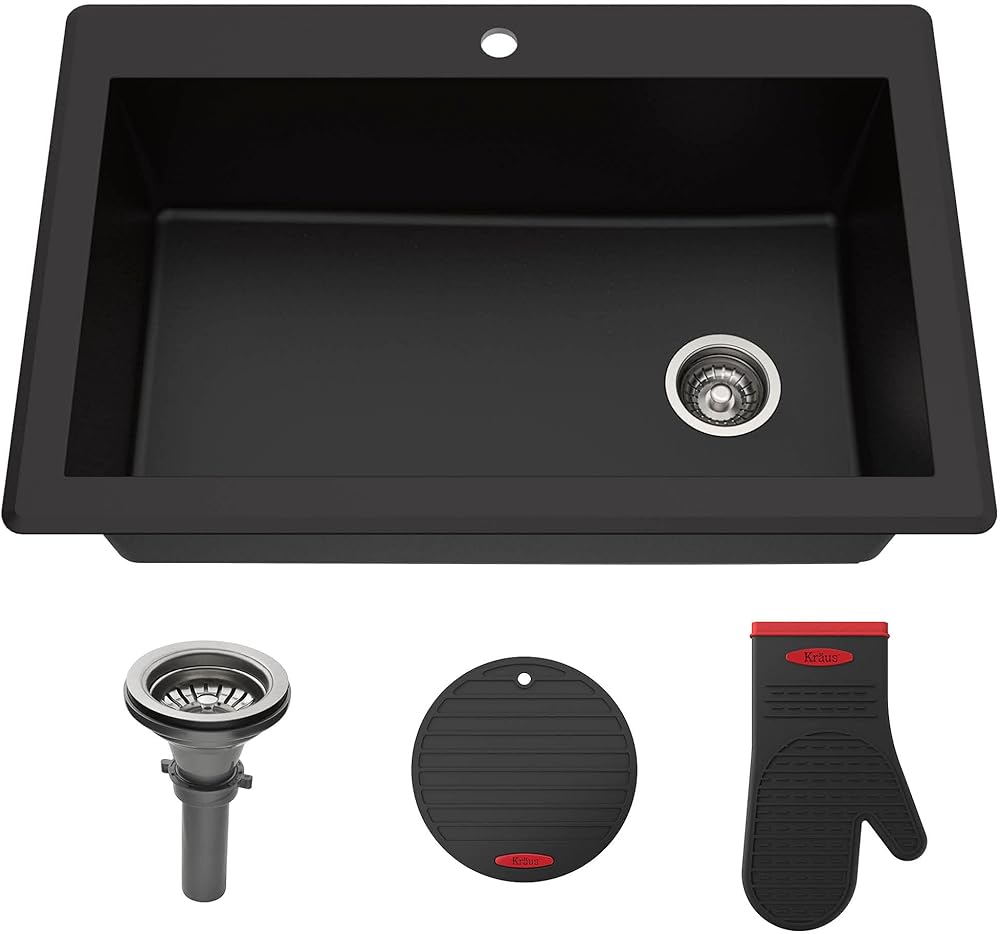 KRAUS Forteza™ 33” Dual Mount Single Bowl Granite Kitchen Sink in Black, KGD-54BLACK