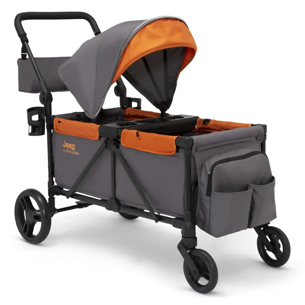 Jeep Sport All-Terrain Stroller Wagon by Delta Children – Includes Canopy, Parent Organizer, Adjustable Handlebar, Snack Tray and Cup Holders, Grey/Bonfire