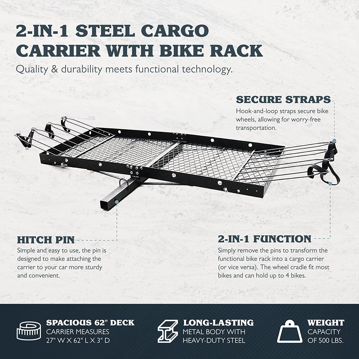 Tow Tuff 14922 2 in 1 Steel Cargo Carrier with 4-Bike Rack   500 lbs Capacity Model No. TTF-2762KR