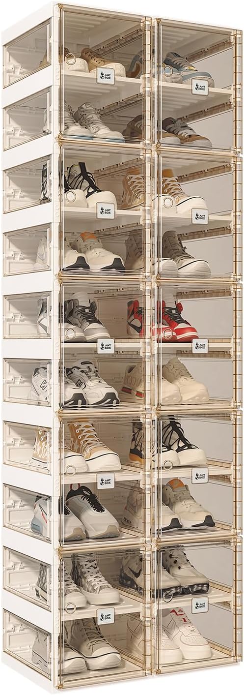 Foldable Shoe Rack,Shoe Organizers for Closet Plastic Shoe Storage Box for Entryway,Living Room,Large Sturdy Stackable Sneaker Cabinet Bins with Magnetic Clear Door 10 Tiers 20 Pairs