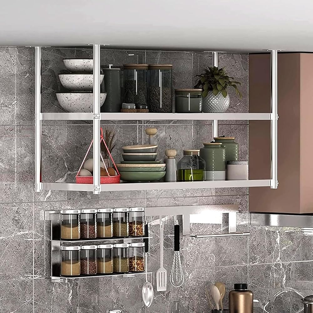 Pot and Pan Rack for Ceiling — Wall Shelf Wine Holder Display Shelves Storage Rack Flower Stand — Multi-Purpose Organizer for Home Restaurant Kitchen Cookware Utensils Books (Size