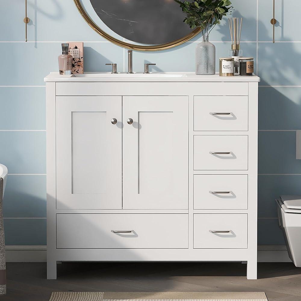 Bath Room Dressing Table Set Ceramic Sink, Abundant Storage Cabinet with 2 Soft-Close Doors and 5 Drawers, White