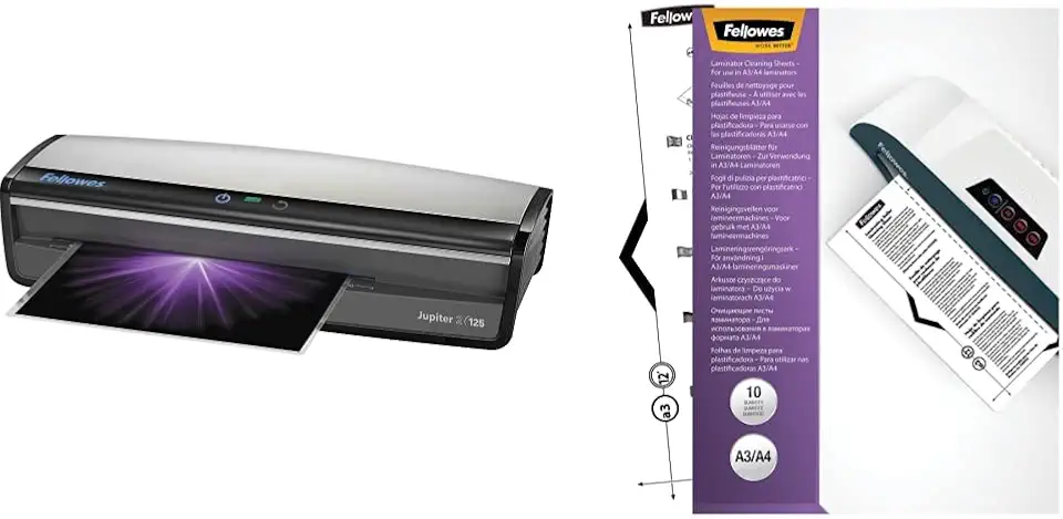Fellowes Jupiter 2 125 Laminator with 10 Pouches, 12.5 Inch (5734101), Black & Grey and Fellowes Laminator Cleaning Sheets, 10 Pack, 8.5 x 11 in