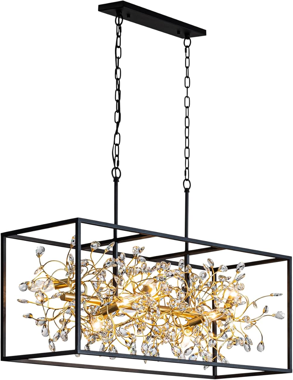 Rectangle Crystal Chandelier for Dining Room 8-Light Black and Gold Modern Farmhouse Chandelier Rectangular Contemporary Pendant Light Fixture for Kitchen Island Bar
