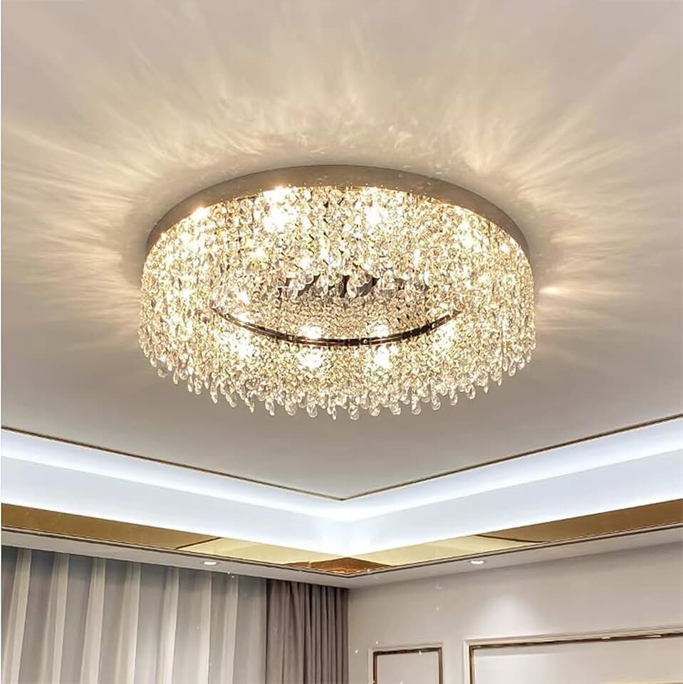 Modern Crystal Chandelier D24 Round Flush Mount Crystal Ceiling Light Chandeliers Chrome Chandelier Lighting Fixtures for Living Room Dining Room Bedroom
