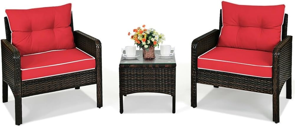 3PCS Outdoor Rattan Conversation Set Patio Furniture Cushioned Sofa Chair Red