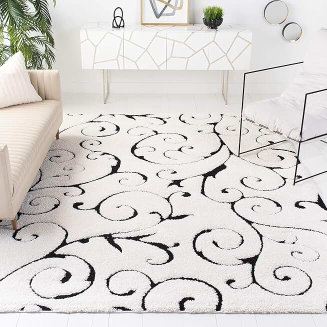 SAFAVIEH Florida Shag Collection Area Rug - 8' Square, Ivory & Black, Scroll Design, Non-Shedding & Easy Care, 1.2-inch Thick Ideal for High Traffic Areas in Living Room, Bedroom (SG455-1290)
