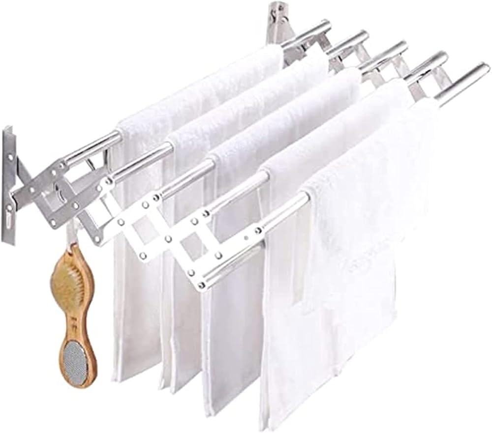 Wall Mounted Clothes Drying Rack Foldable Retractable Towel 5 Drying Rods with Hooks Airer Easy Storage Space Saver (Size : 50cm)