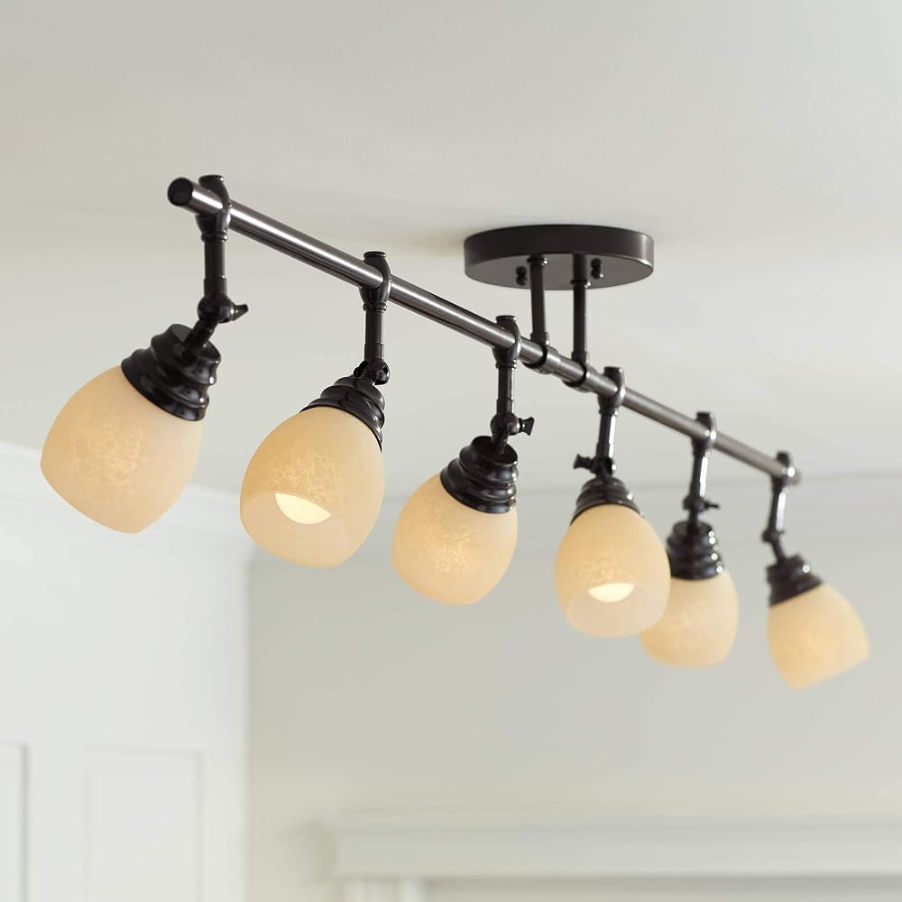 Pro Track Elm Park 6-Head Ceiling Track Light Fixture Kit Spot-Light Directional Adjustable Monorail Brown Bronze Finish Amber Glass Western Kitchen Bathroom Living Room Dining Hallway 57 1/2