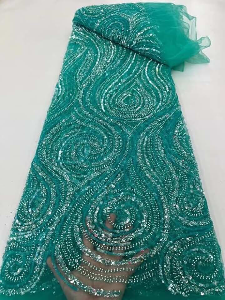 MARHAFABRIC 5 Yards African Elegant Sky Blue Luxury Beaded Mesh Lace Handmade Sequin Tulle Fabric Swiss for Bride Wedding Dress Sewing Lace Fabric for Bridal Wedding Prom Evening Dress