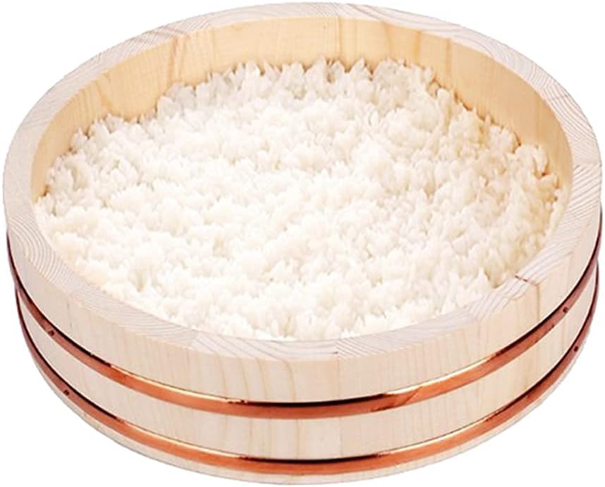 Sushi Rice Cooling Bowl Wooden Barrel Mixing Rice Tub with Copper Edge, for Sashimi Sushi Rice Dish,52x14cm