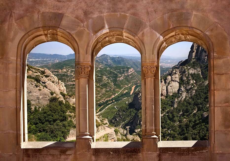 12-Feet wide by 8-Feet high. Prepasted wallpaper mural from a photo of a:3D or Trompe L'Oeil view of the Montserrat Monastery Spain.Easy to hang remove and reuse (hang again) If U do as in our video