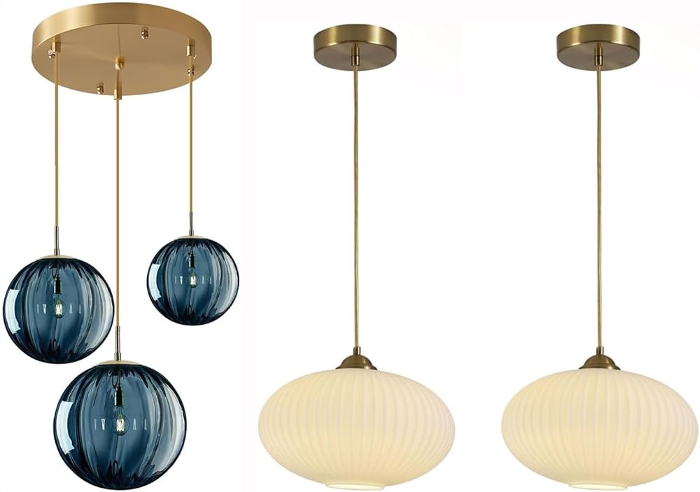 3-Light Cluster Pendant Lighting Blue Glass Chandelier Pendant Light Kitchen Island Ribbed Glass Pendant Light Antique Brass Kitchen Pendant Light Set of 2