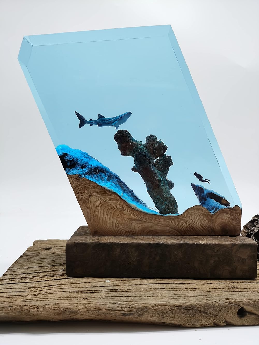 Cave Whale Shark Diver Resin Ornament Wood, Decorations Marine Art Night Light Desk Lamp, Ocean Theme Diorama, Whale Lamp Decoration, Ocean Lamp, Diver Lamp (12x6 inch)