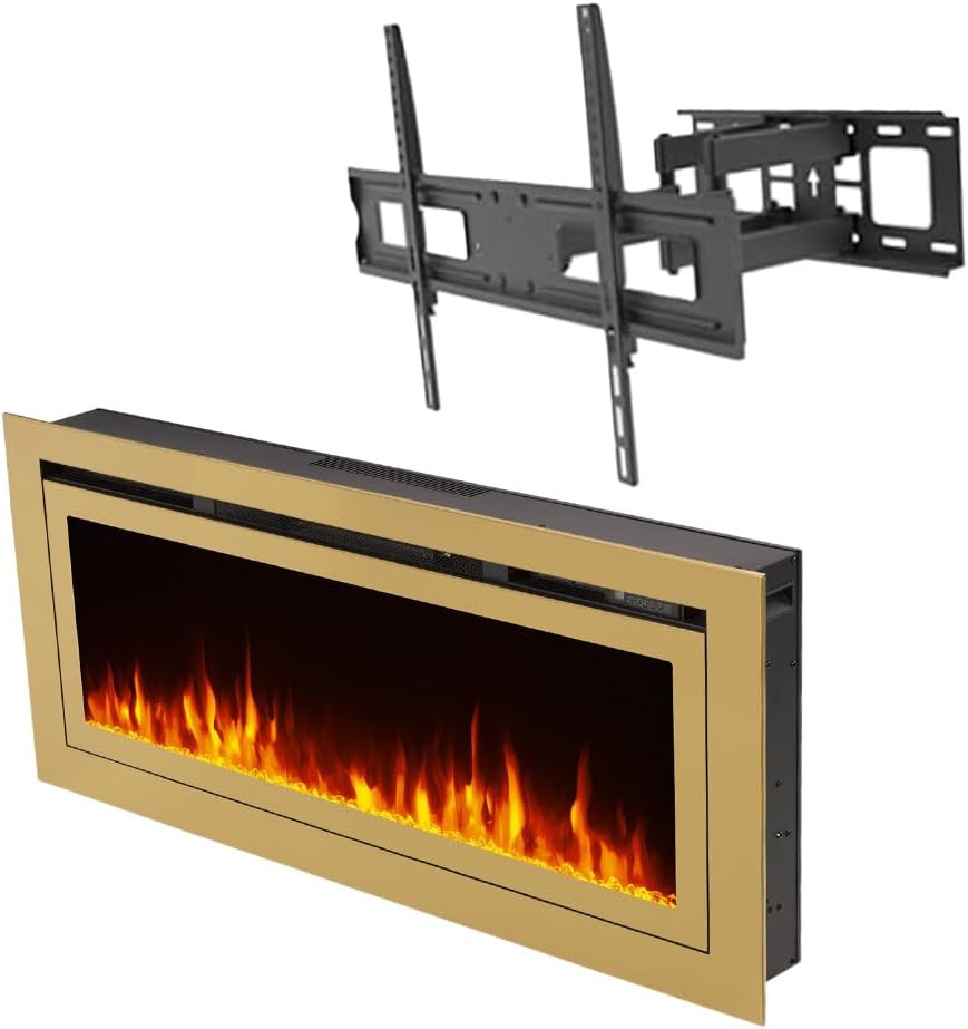 Touchstone Fireplace and TV Mount Bundle - Sideline Deluxe™ 50 Inch Wide Gold Smart Electric Fireplace and Full Motion TV Wall Mount Bracket