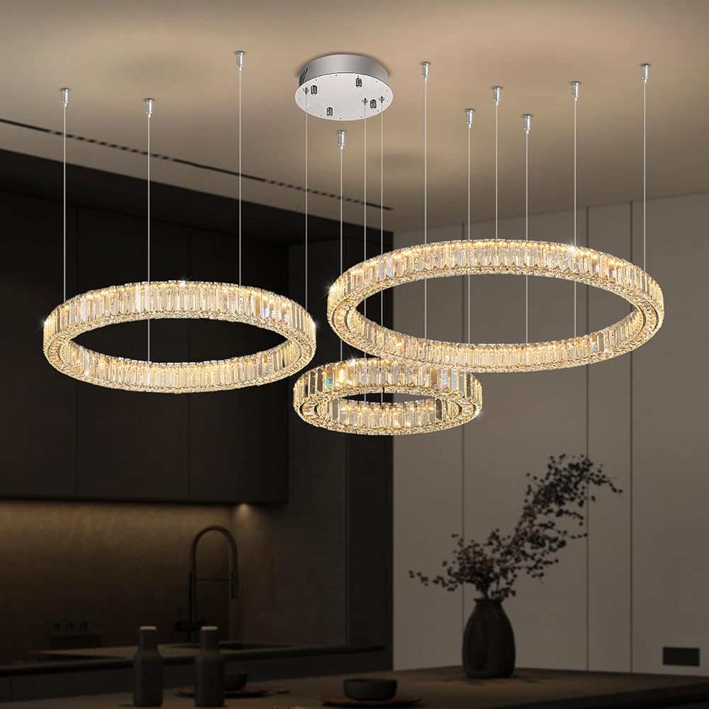 Flashing God Crystal Chandeliers Modern 3 Rings Pendant Light Adjustable High Ceiling Chandelier for Living Room Dining Room Foyer Entryway (D16+D24+D32)