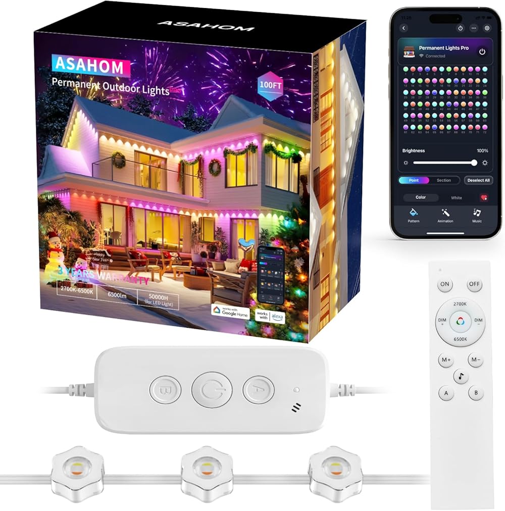 Permanent Outdoor Lights Pro, 100ft with 72 RGBCW LED Smart Eave Lights, 6500lm Super Bright, IP67 Waterproof, 100 Scenes Modes for Halloween Christmas Party Daily House Lighting