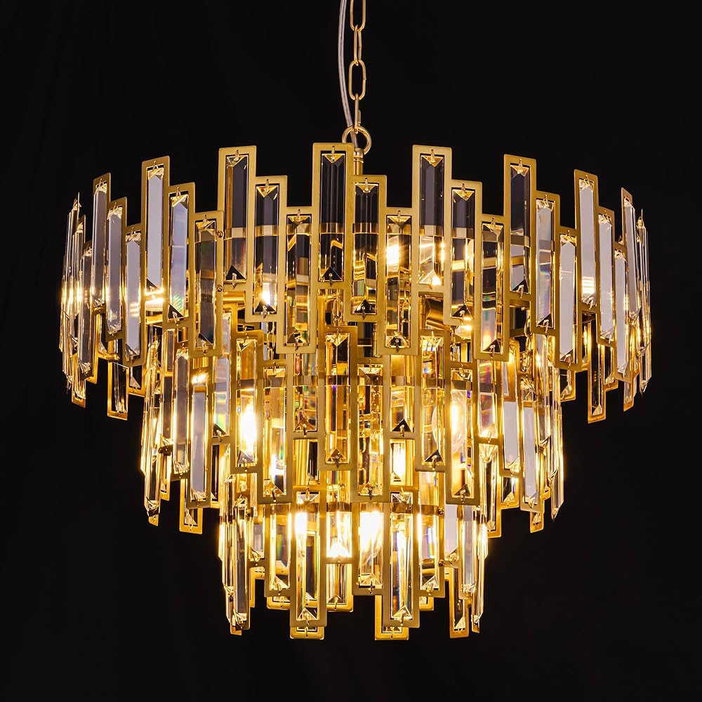 TOCHIC Chandelier, Modern Crystal Brushed Gold Chandelier Light Fixture, 9 Light 3 Tiers Luxury Round Drum Chandeliers High Ceiling for Bedroom, Dining Living Room, Kitchen Island, Entryway, 24 inch
