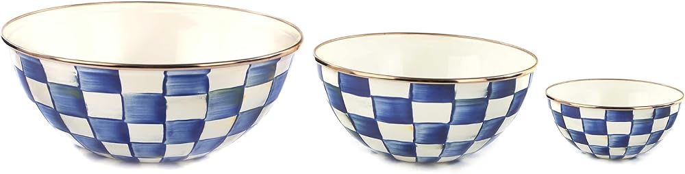 MACKENZIE-CHILDS Enamel Mixing Bowl Set, Small 5-Cup, Medium 10-Cup, and Large 16-Cup Serving Bowls for Entertaining, Set of 3, Blue-and-White Royal Check